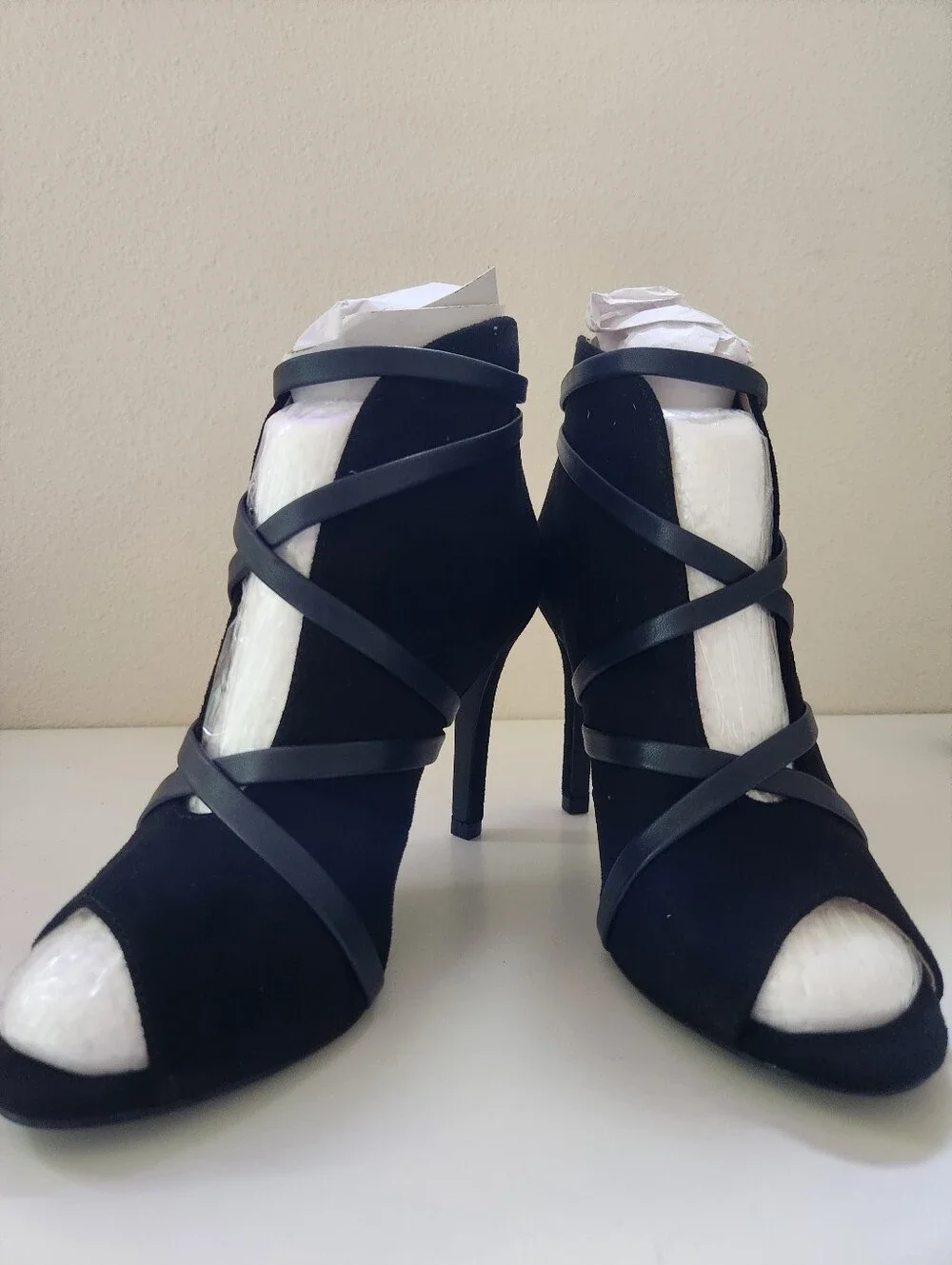 Samara Black Strappy Cage Heels Open Toe Stiletto Bootie Womens 6.5 Wide